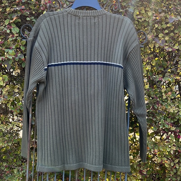 Haggar vintage cotton V-neck Sweater Large Olive Green/Navy stripe - Picture 6 of 7